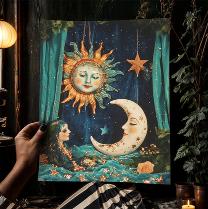 Boho Caravan Sun And Crescent Moon Print, 90s Whimsigoth Decor, Whimsical Celestial Magical Home Decor, Sun Moon Poster, Cosy Witchy Print