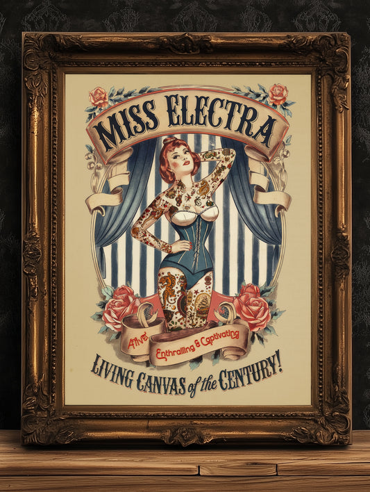 Circus Sideshow Tattooed Lady, Vintage Circus Wall Art, Whimsigoth Decor, Freakshow, Side show Print, Oddities & Curiosities Poster
