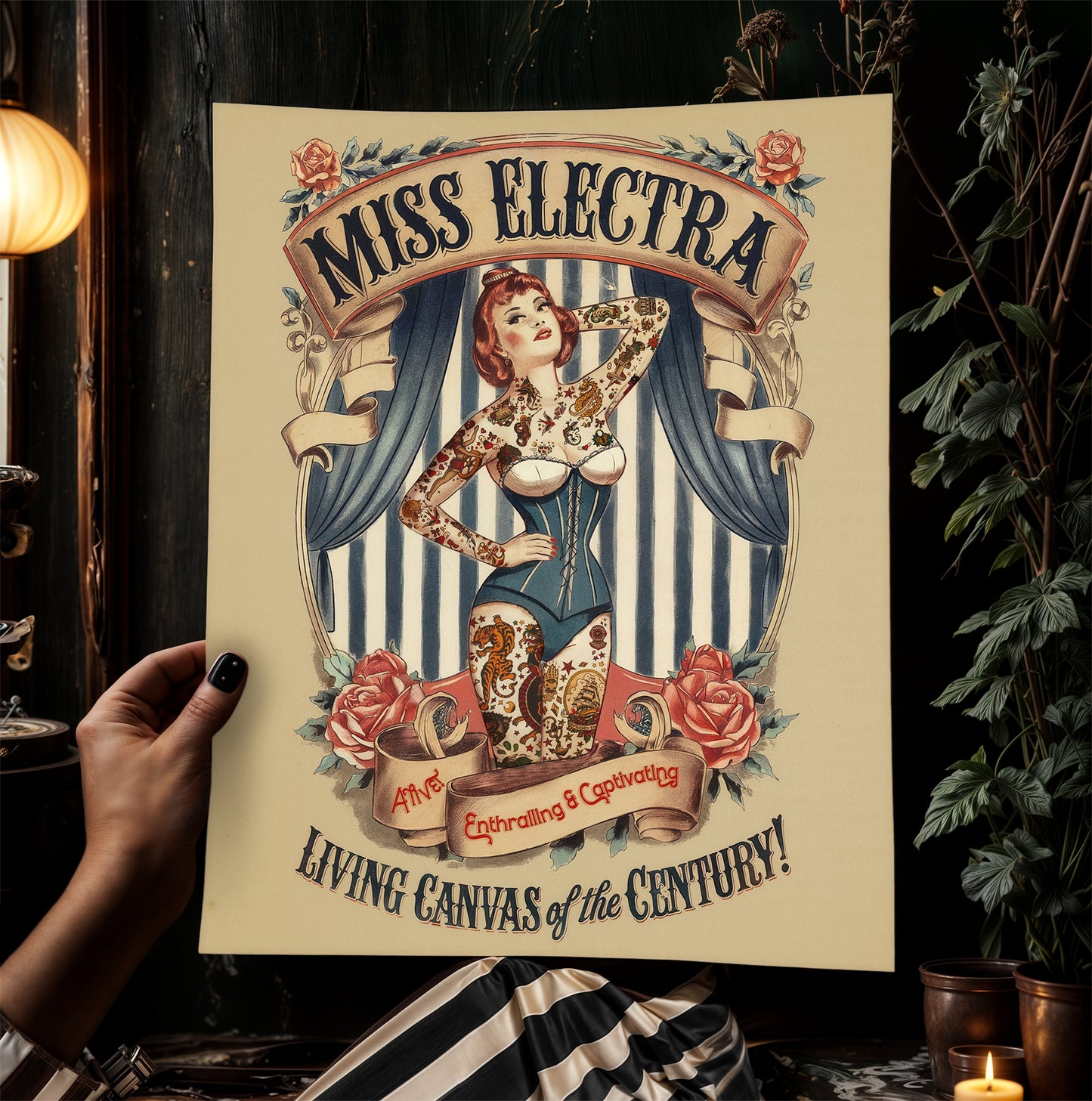 Circus Sideshow Tattooed Lady, Vintage Circus Wall Art, Whimsigoth Decor, Freakshow, Side show Print, Oddities & Curiosities Poster