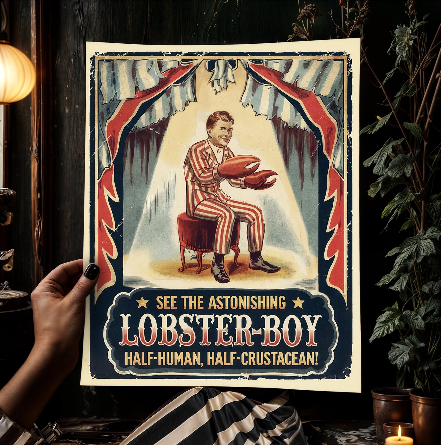 Circus Sideshow Lobster Boy, Vintage Circus Wall Art, Whimsigoth Decor, Carnival Freakshow, Side show Print, Oddities & Curiosities Poster