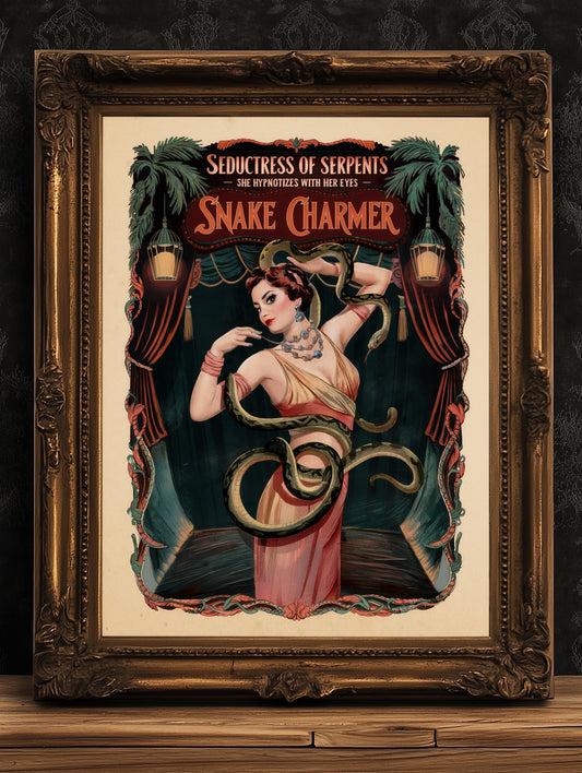 Circus Sideshow Snake Charmer, Vintage Circus Wall Art, Whimsigoth Decor, Carnival Freakshow, Side show Print, Oddities & Curiosities Poster