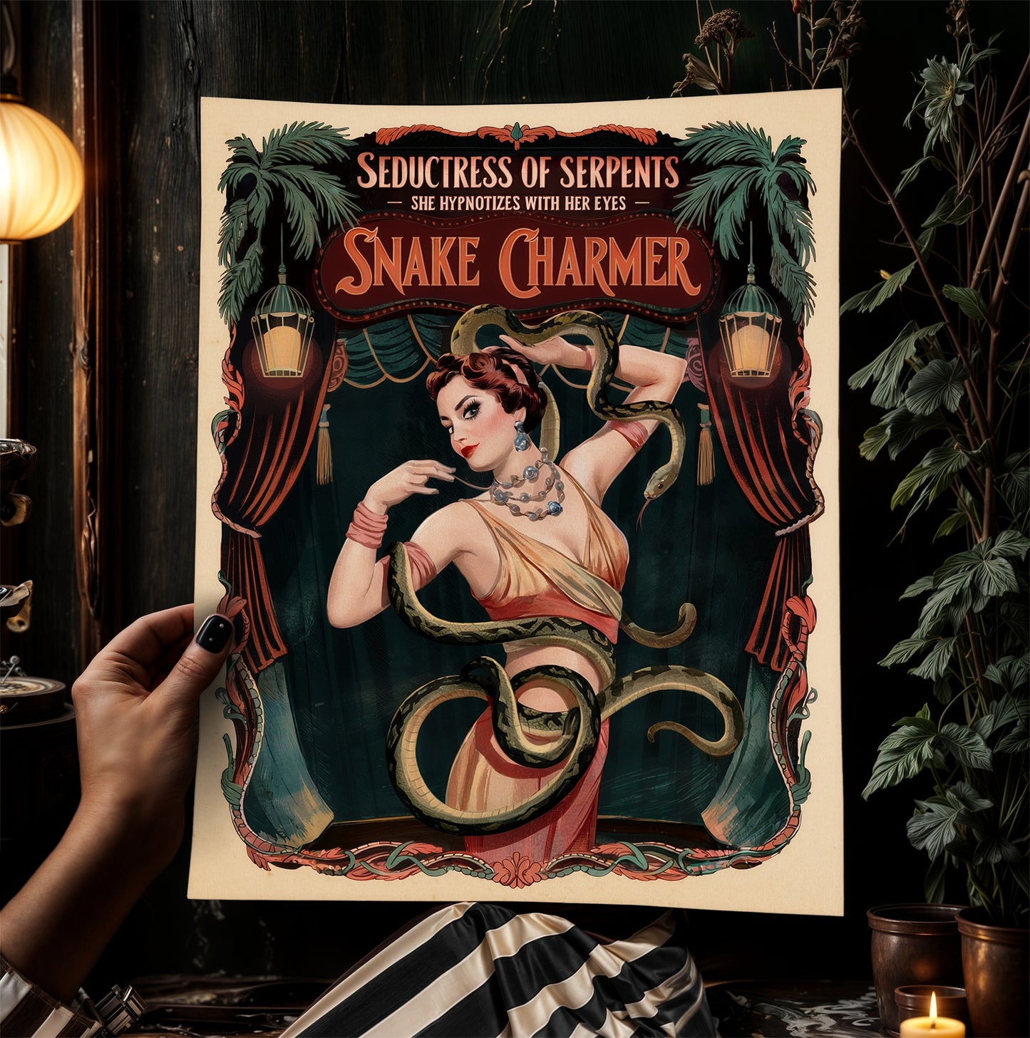 Circus Sideshow Snake Charmer, Vintage Circus Wall Art, Whimsigoth Decor, Carnival Freakshow, Side show Print, Oddities & Curiosities Poster