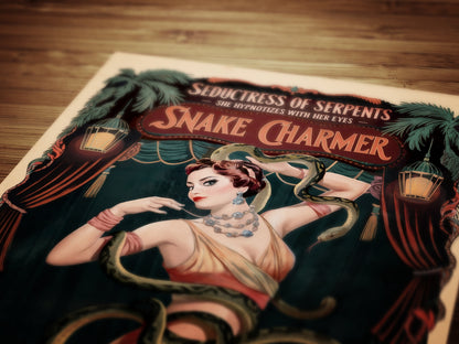 Circus Sideshow Snake Charmer, Vintage Circus Wall Art, Whimsigoth Decor, Carnival Freakshow, Side show Print, Oddities & Curiosities Poster