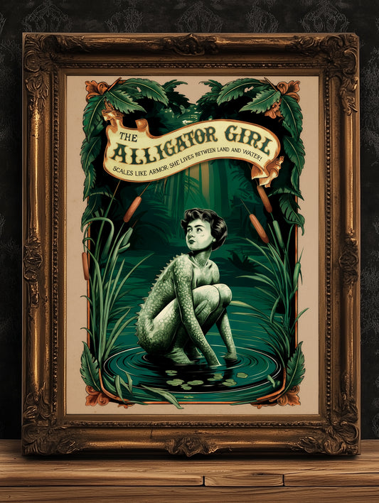 Circus Sideshow Alligator Girl, Vintage Circus Wall Art, Whimsigoth Decor, Carnival Freakshow, Side show Print Oddities & Curiosities Poster