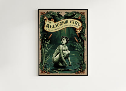Circus Sideshow Alligator Girl, Vintage Circus Wall Art, Whimsigoth Decor, Carnival Freakshow, Side show Print Oddities & Curiosities Poster