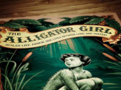 Circus Sideshow Alligator Girl, Vintage Circus Wall Art, Whimsigoth Decor, Carnival Freakshow, Side show Print Oddities & Curiosities Poster