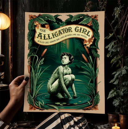 Circus Sideshow Alligator Girl, Vintage Circus Wall Art, Whimsigoth Decor, Carnival Freakshow, Side show Print Oddities & Curiosities Poster