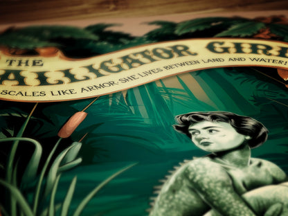 Circus Sideshow Alligator Girl, Vintage Circus Wall Art, Whimsigoth Decor, Carnival Freakshow, Side show Print Oddities & Curiosities Poster