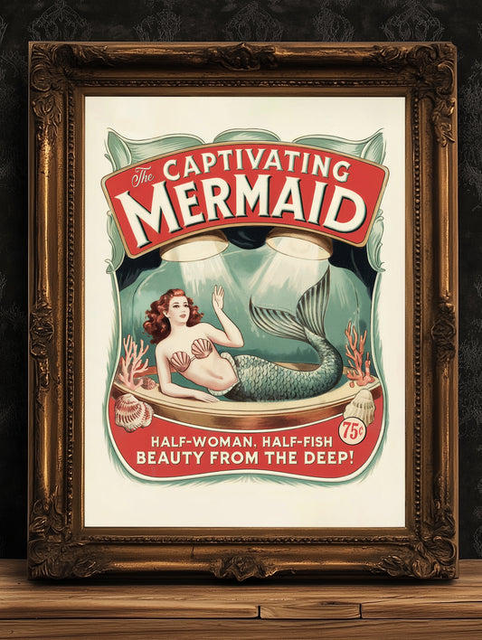 Circus Sideshow Mermaid Girl, Vintage Circus Wall Art, Whimsigoth Decor, Carnival Freakshow, Side Show Print Oddities & Curiosities Poster