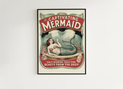 Circus Sideshow Mermaid Girl, Vintage Circus Wall Art, Whimsigoth Decor, Carnival Freakshow, Side Show Print Oddities & Curiosities Poster