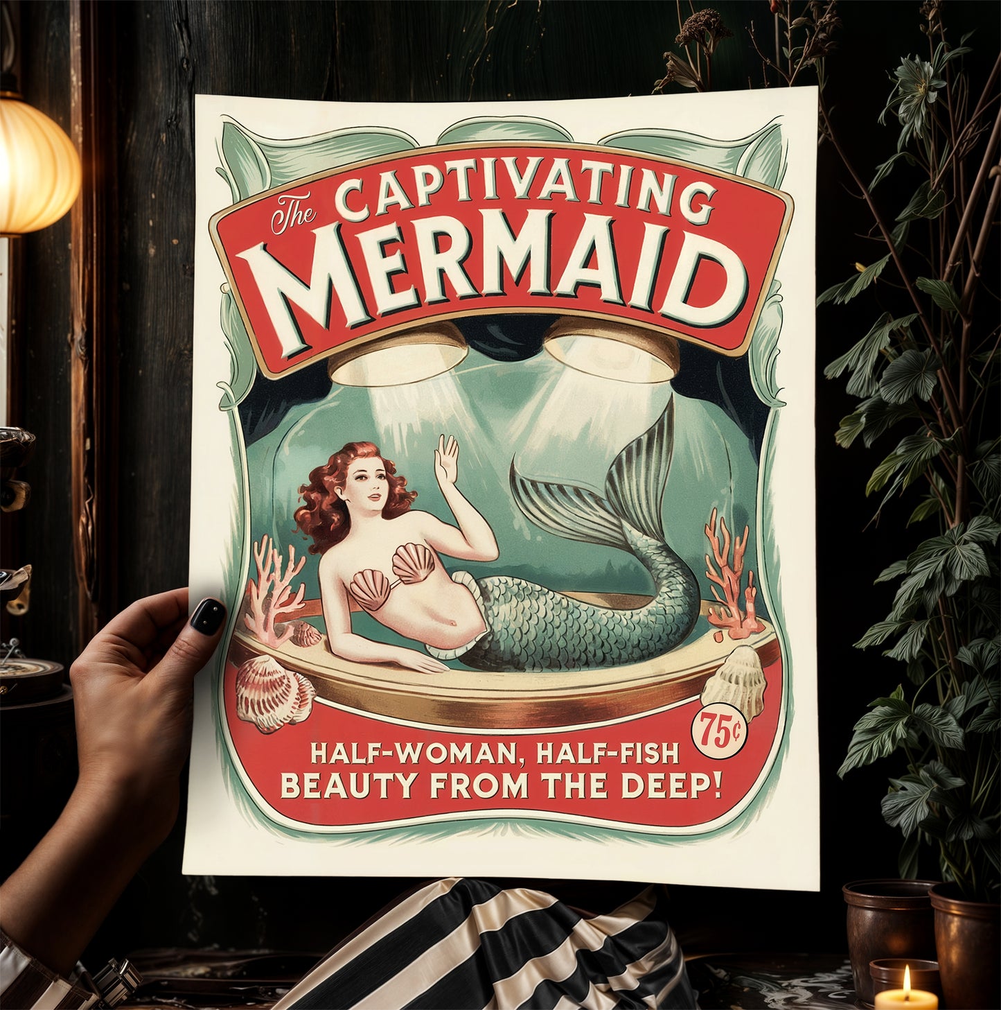 Circus Sideshow Mermaid Girl, Vintage Circus Wall Art, Whimsigoth Decor, Carnival Freakshow, Side Show Print Oddities & Curiosities Poster