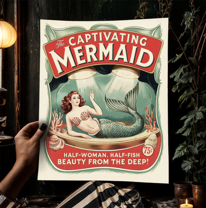 Circus Sideshow Mermaid Girl, Vintage Circus Wall Art, Whimsigoth Decor, Carnival Freakshow, Side Show Print Oddities & Curiosities Poster