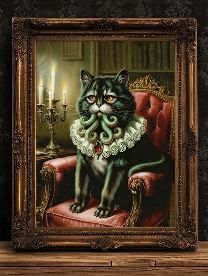 Cathulhu Poster, Whimsigoth Decor, Vintage Gothic Black Cat Wall Art, Weirdcore Cat Lovers Gift, Quirky Cat Print, Lovecraft Cthulhu Art