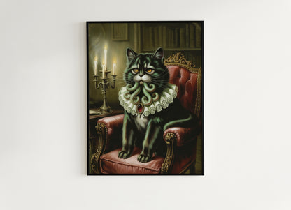 Cathulhu Poster, Whimsigoth Decor, Vintage Gothic Black Cat Wall Art, Weirdcore Cat Lovers Gift, Quirky Cat Print, Lovecraft Cthulhu Art
