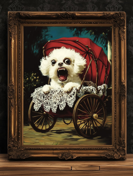 Whimsical Creepy Cute Angry Dog Painting Poster, Funny Surreal Victorian Pets, Whimsigoth Decor Wall Art Print, Weird Items