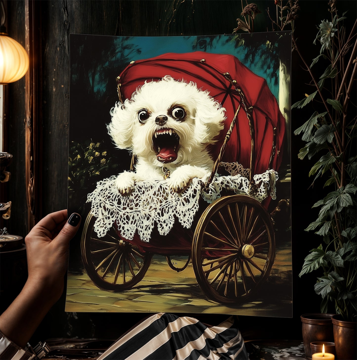 Whimsical Creepy Cute Angry Dog Painting Poster, Funny Surreal Victorian Pets, Whimsigoth Decor Wall Art Print, Weird Items