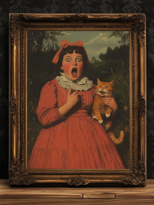 Whimsical Funny Surprised Woman And Cat, Shocked Quirky Cat Print, Altered Painting Humor Bathroom & Toilet Wall Poster, Weird Art Gift