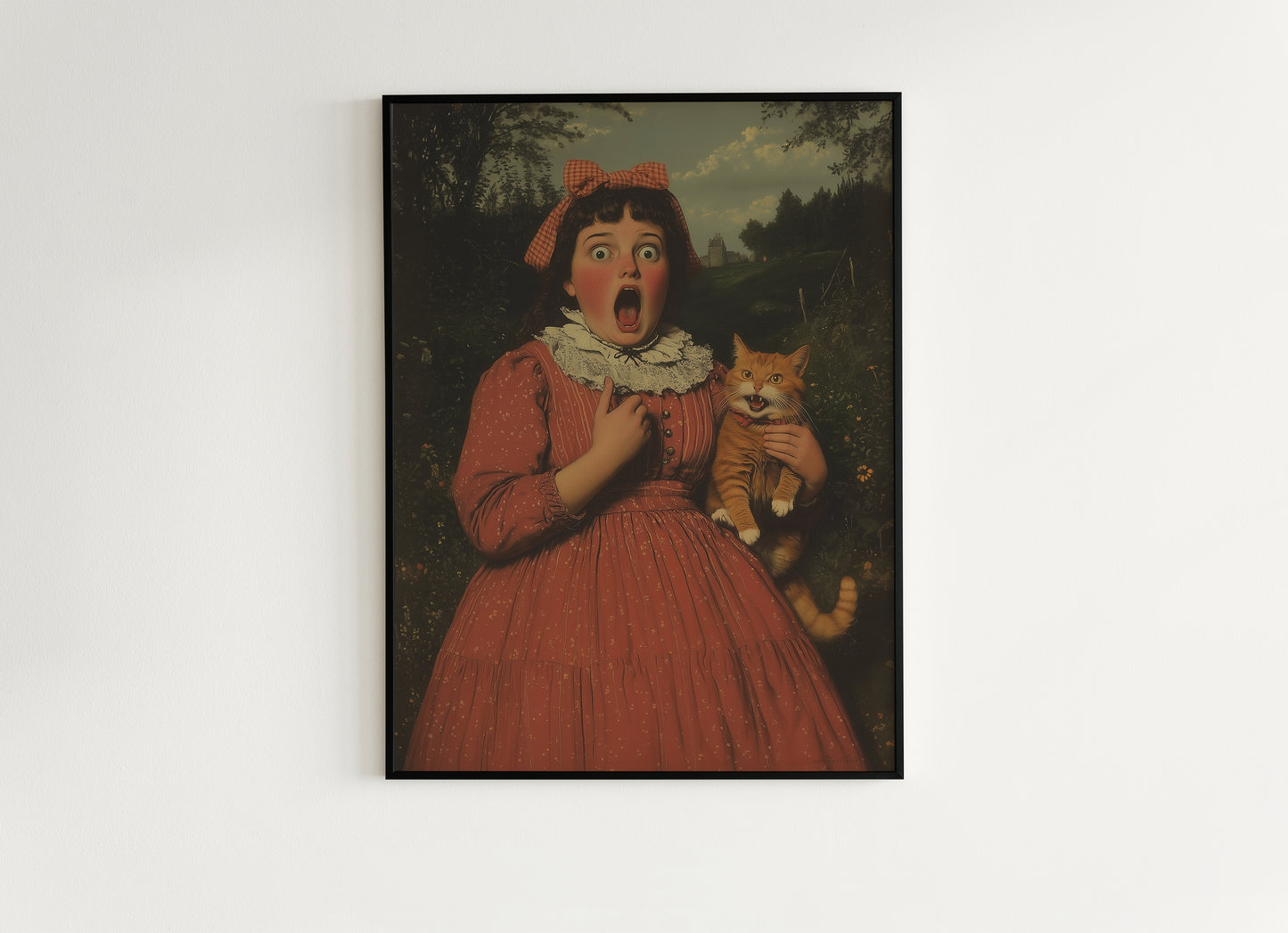 Whimsical Funny Surprised Woman And Cat, Shocked Quirky Cat Print, Altered Painting Humor Bathroom & Toilet Wall Poster, Weird Art Gift