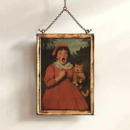 Whimsical Funny Surprised Woman And Cat, Shocked Quirky Cat Print, Altered Painting Humor Bathroom & Toilet Wall Poster, Weird Art Gift