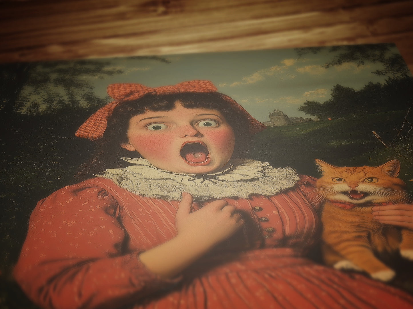 Whimsical Funny Surprised Woman And Cat, Shocked Quirky Cat Print, Altered Painting Humor Bathroom & Toilet Wall Poster, Weird Art Gift