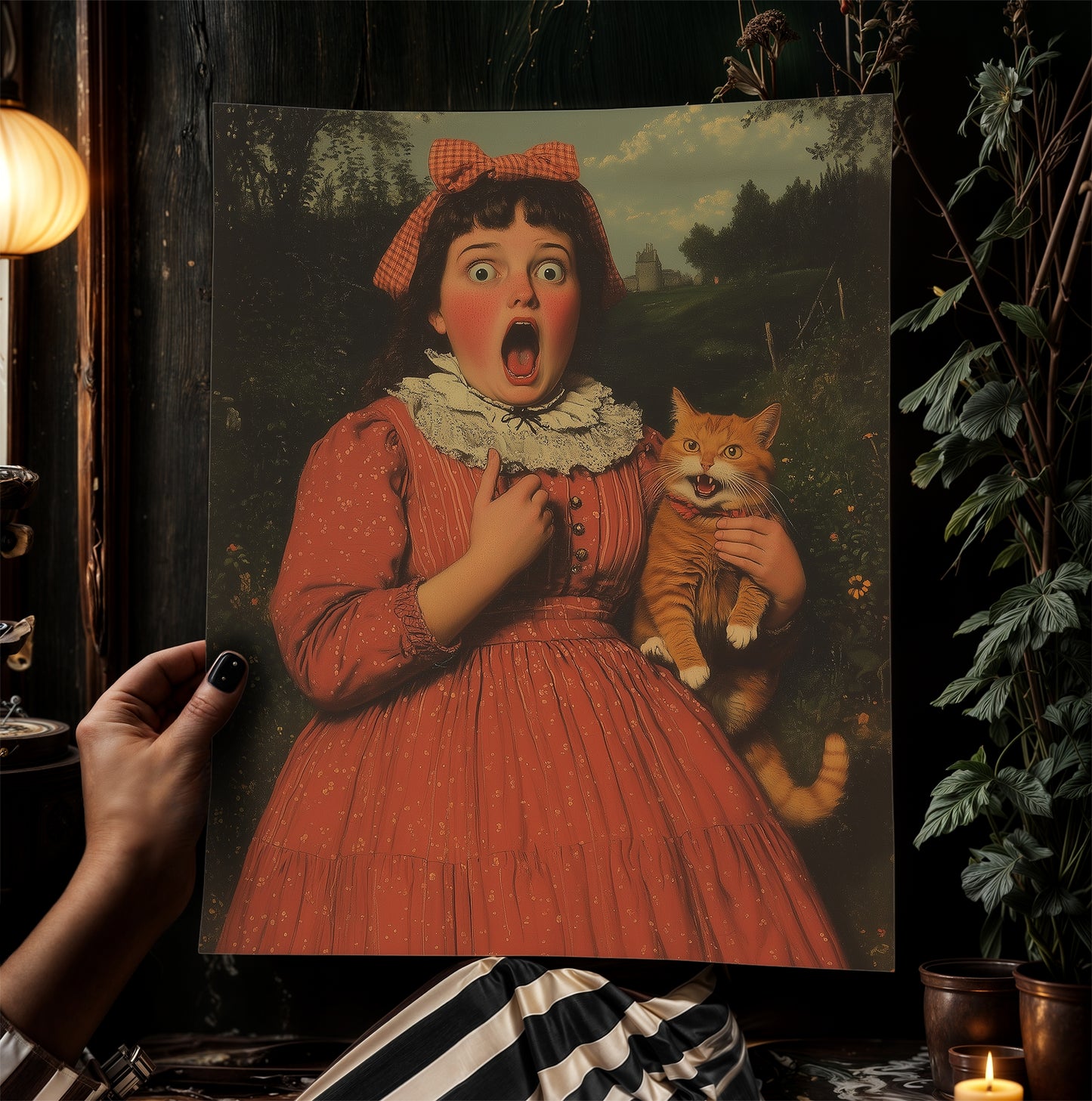 Whimsical Funny Surprised Woman And Cat, Shocked Quirky Cat Print, Altered Painting Humor Bathroom & Toilet Wall Poster, Weird Art Gift