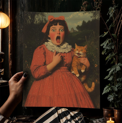 Whimsical Funny Surprised Woman And Cat, Shocked Quirky Cat Print, Altered Painting Humor Bathroom & Toilet Wall Poster, Weird Art Gift