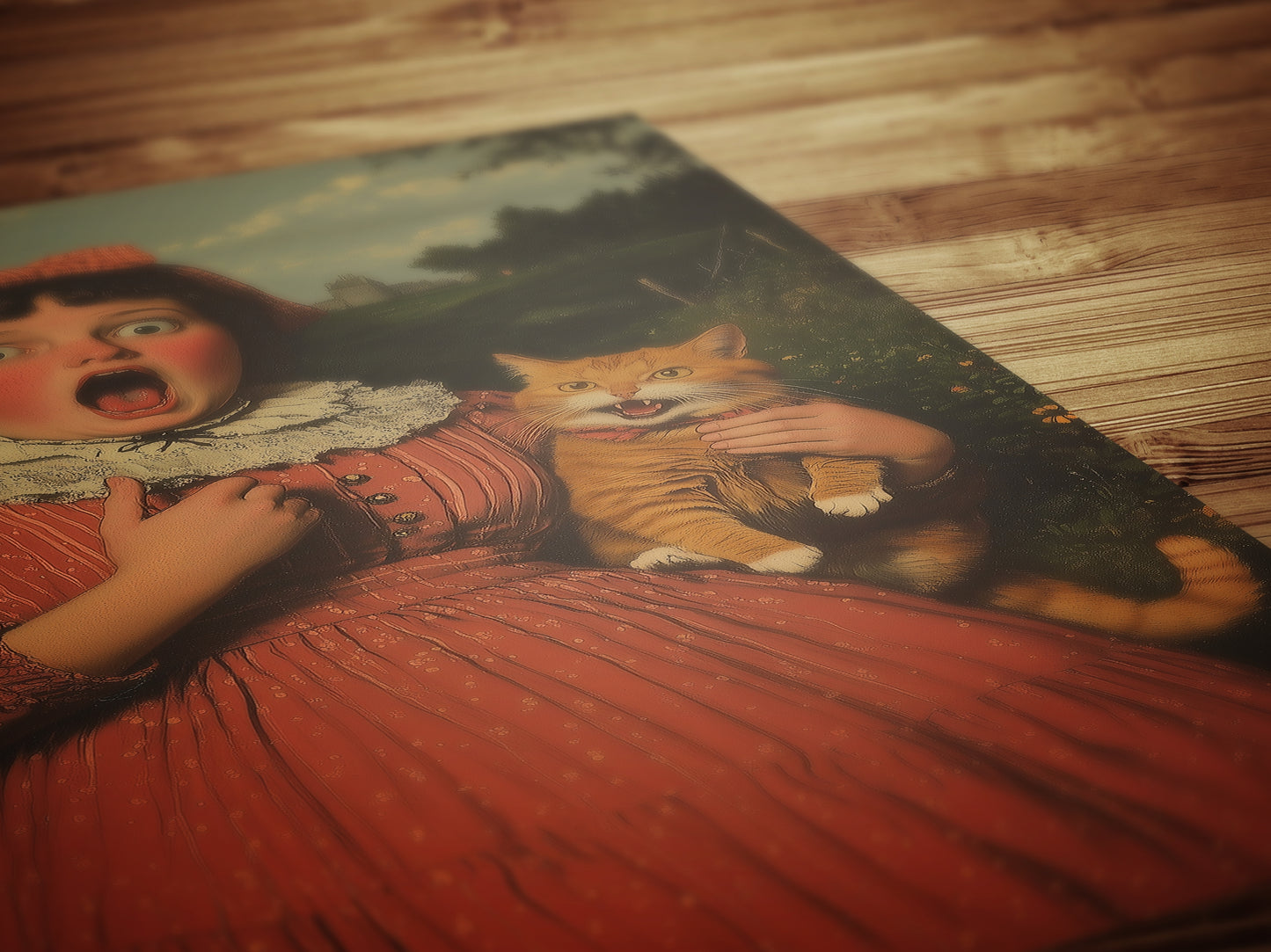 Whimsical Funny Surprised Woman And Cat, Shocked Quirky Cat Print, Altered Painting Humor Bathroom & Toilet Wall Poster, Weird Art Gift