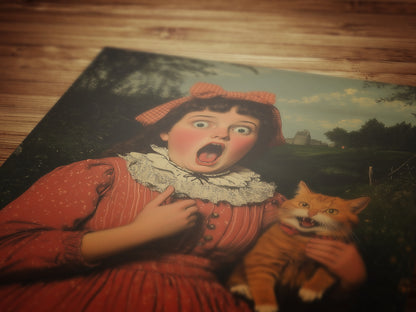 Whimsical Funny Surprised Woman And Cat, Shocked Quirky Cat Print, Altered Painting Humor Bathroom & Toilet Wall Poster, Weird Art Gift