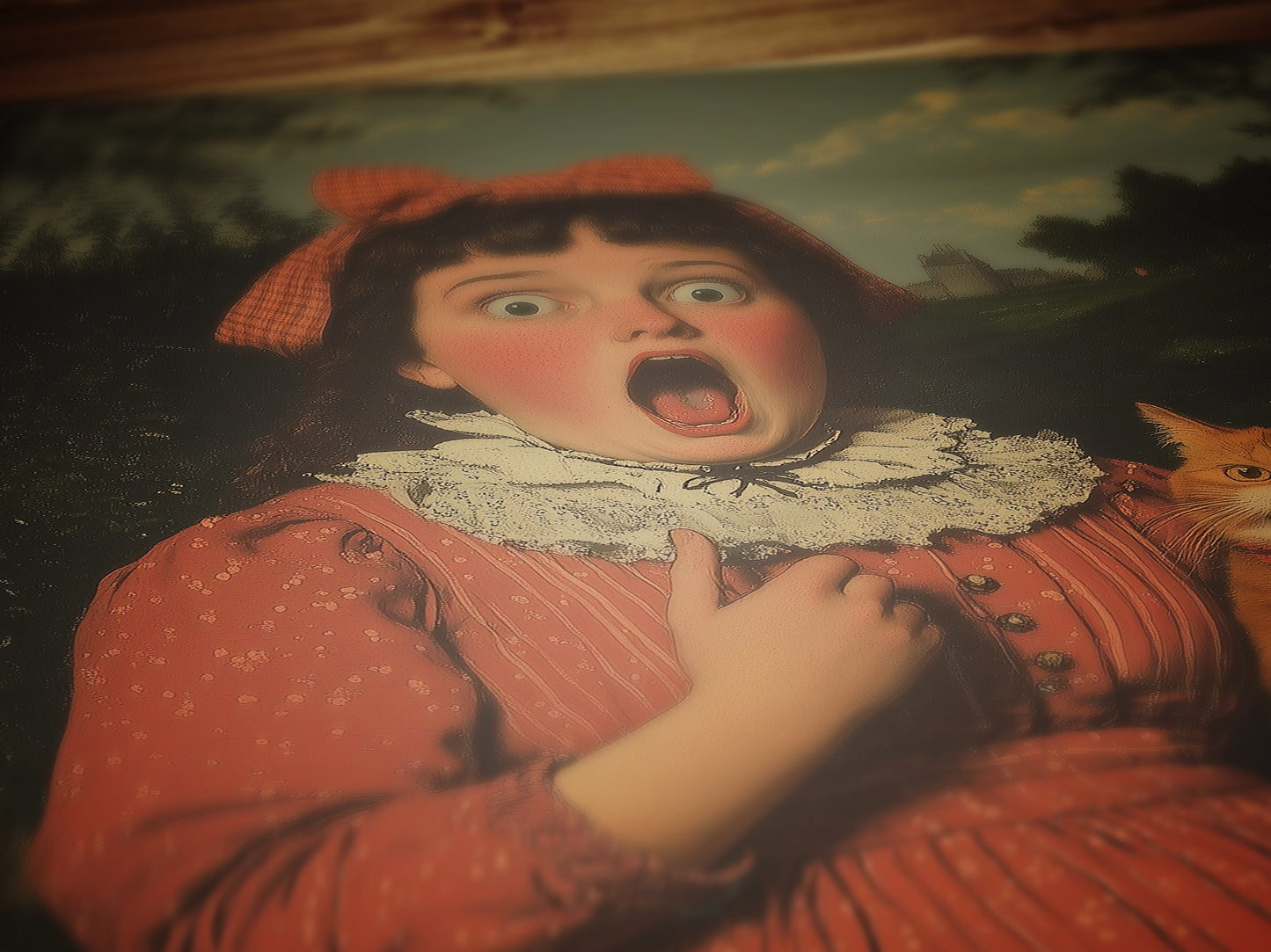 Whimsical Funny Surprised Woman And Cat, Shocked Quirky Cat Print, Altered Painting Humor Bathroom & Toilet Wall Poster, Weird Art Gift