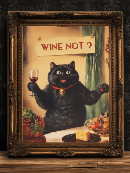 Wine Not Funny Cat Cheers Print, Whimsical Kitty Decor, Retro Kitchen Decor, Dining Room Poster, Fun Girl Dinner Bar Cart Trendy Wall Art