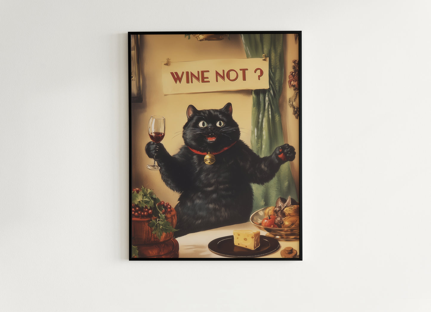 Wine Not Funny Cat Cheers Print, Whimsical Kitty Decor, Retro Kitchen Decor, Dining Room Poster, Fun Girl Dinner Bar Cart Trendy Wall Art