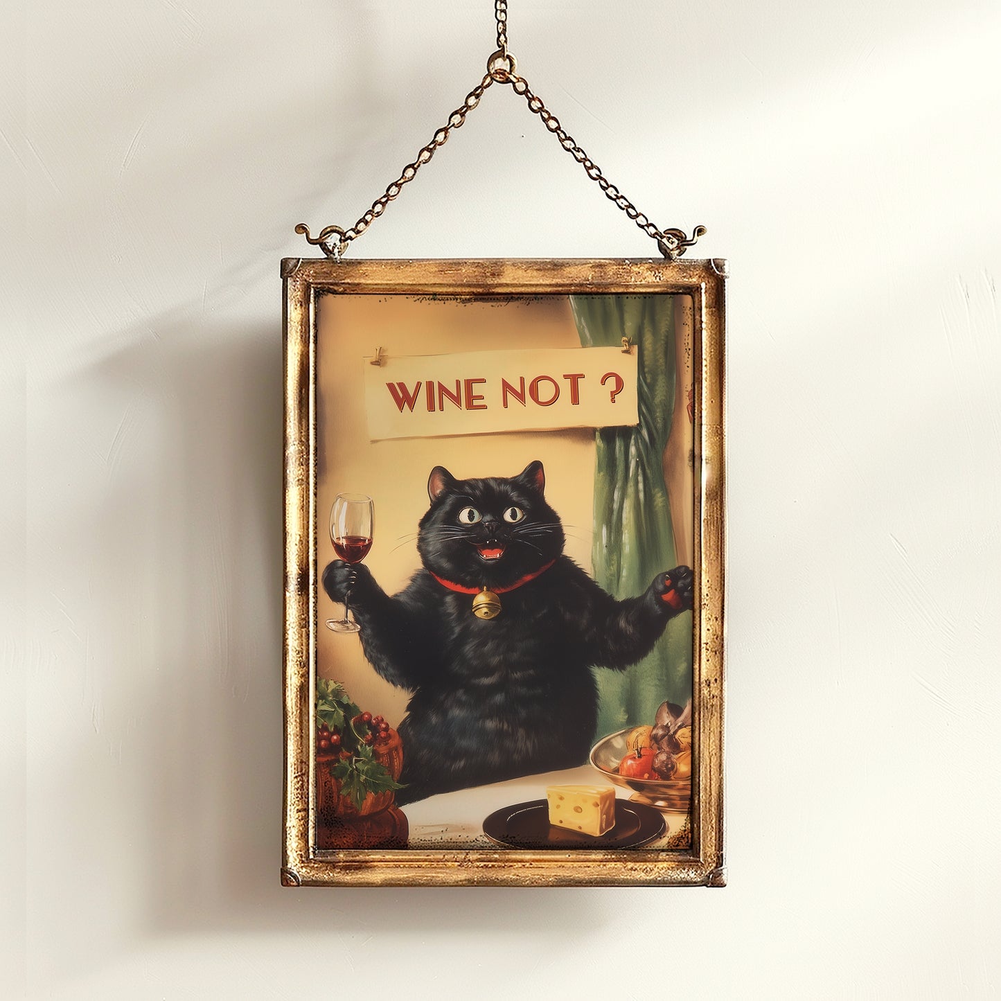 Wine Not Funny Cat Cheers Print, Whimsical Kitty Decor, Retro Kitchen Decor, Dining Room Poster, Fun Girl Dinner Bar Cart Trendy Wall Art