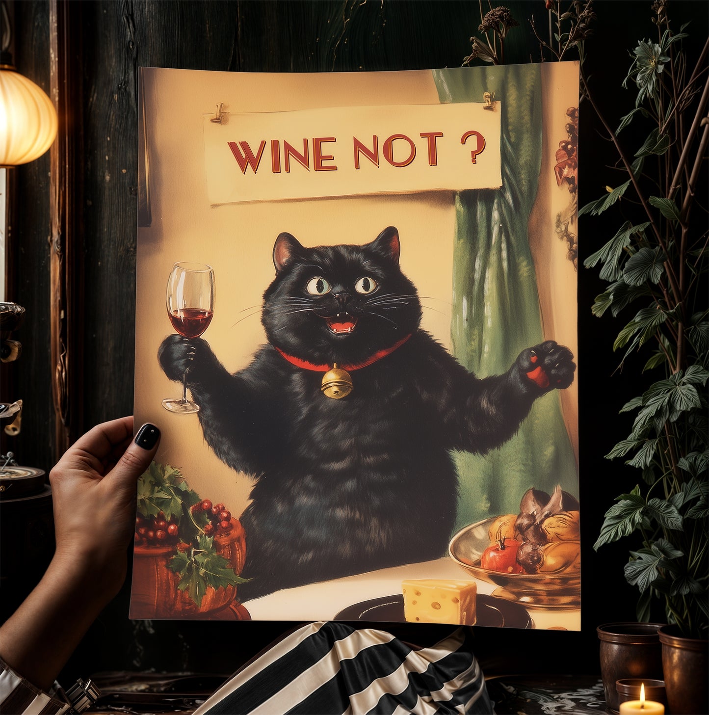 Wine Not Funny Cat Cheers Print, Whimsical Kitty Decor, Retro Kitchen Decor, Dining Room Poster, Fun Girl Dinner Bar Cart Trendy Wall Art