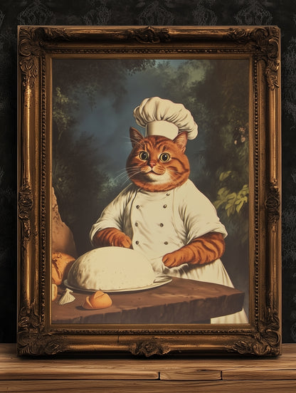 Whimsical Quirky Chef Cat Kneading Art Print, Funny Making Biscuits Wall Art Poster, Whimsigoth Dark Academia Decor, Cat Lovers Gift