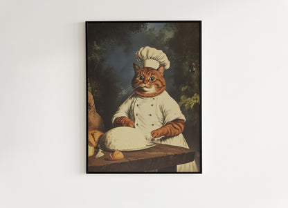 Whimsical Quirky Chef Cat Kneading Art Print, Funny Making Biscuits Wall Art Poster, Whimsigoth Dark Academia Decor, Cat Lovers Gift