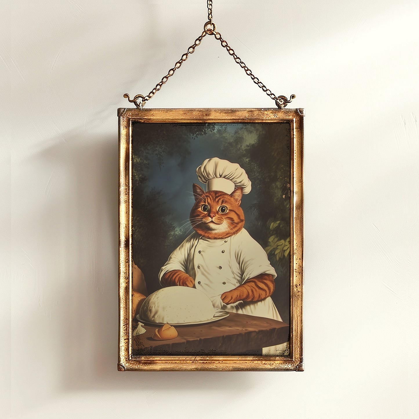 Whimsical Quirky Chef Cat Kneading Art Print, Funny Making Biscuits Wall Art Poster, Whimsigoth Dark Academia Decor, Cat Lovers Gift