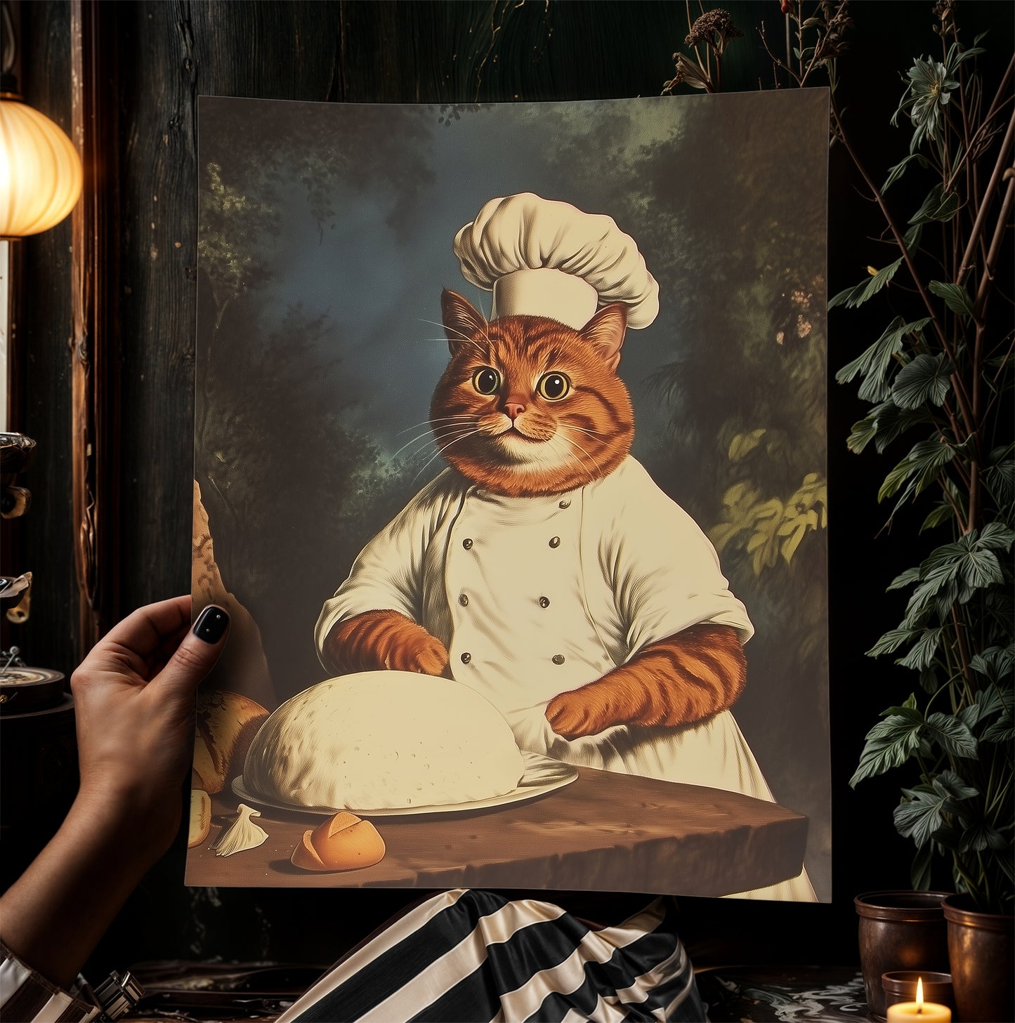 Whimsical Quirky Chef Cat Kneading Art Print, Funny Making Biscuits Wall Art Poster, Whimsigoth Dark Academia Decor, Cat Lovers Gift