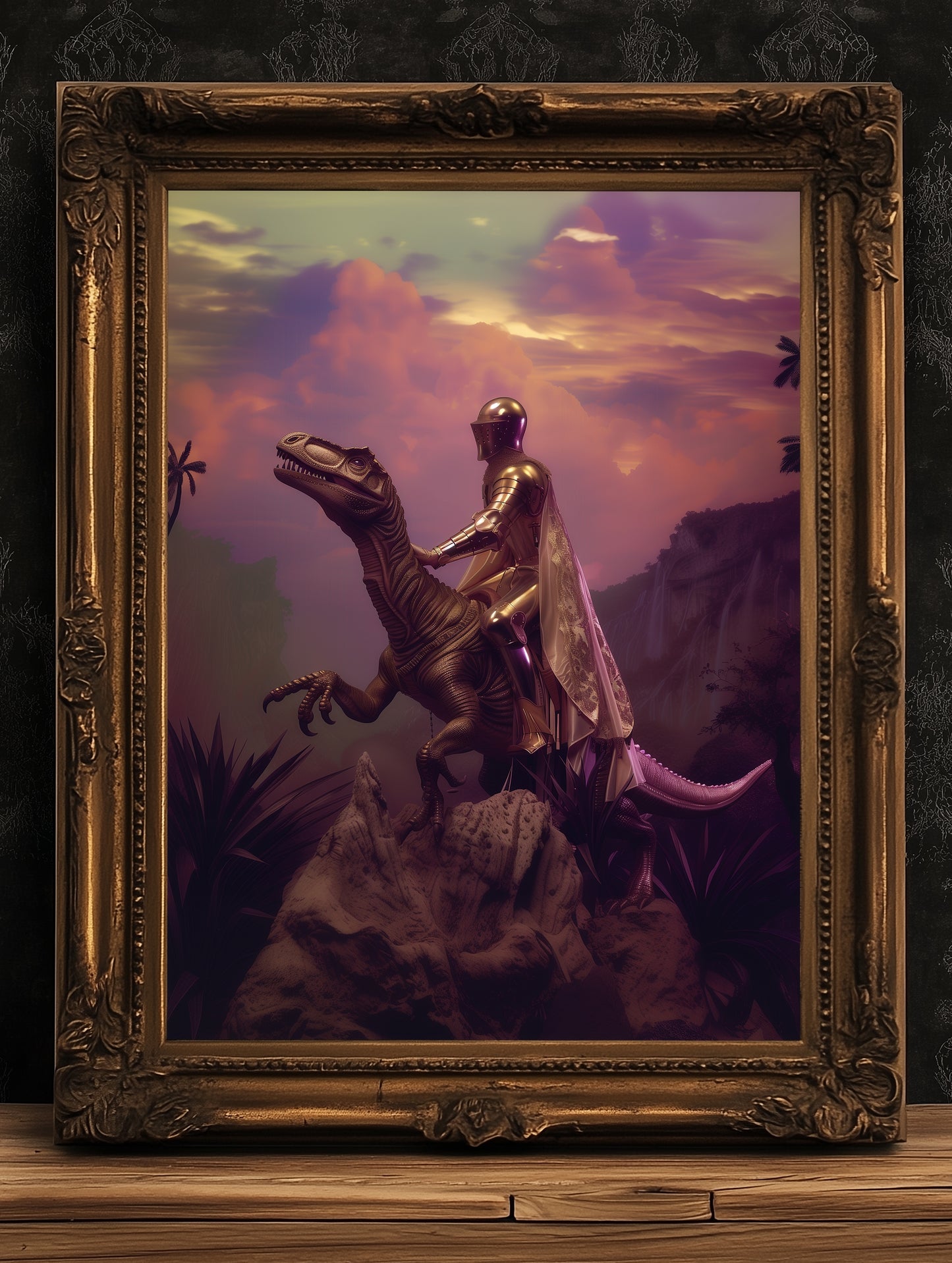 Knight On A dinosaur, Vintage photography, Art Poster Print, Gothic Poster, Jurassic Medieval Knight Art , Dark Academia Castle Core Decor