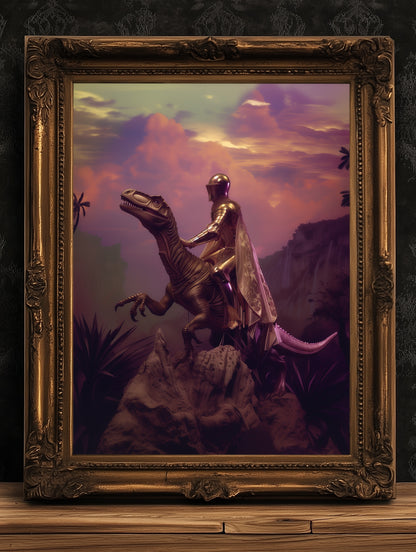 Knight On A dinosaur, Vintage photography, Art Poster Print, Gothic Poster, Jurassic Medieval Knight Art , Dark Academia Castle Core Decor
