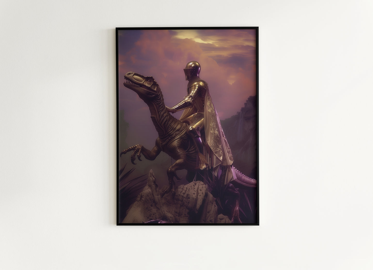 Knight On A dinosaur, Vintage photography, Art Poster Print, Gothic Poster, Jurassic Medieval Knight Art , Dark Academia Castle Core Decor