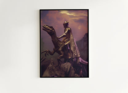 Knight On A dinosaur, Vintage photography, Art Poster Print, Gothic Poster, Jurassic Medieval Knight Art , Dark Academia Castle Core Decor