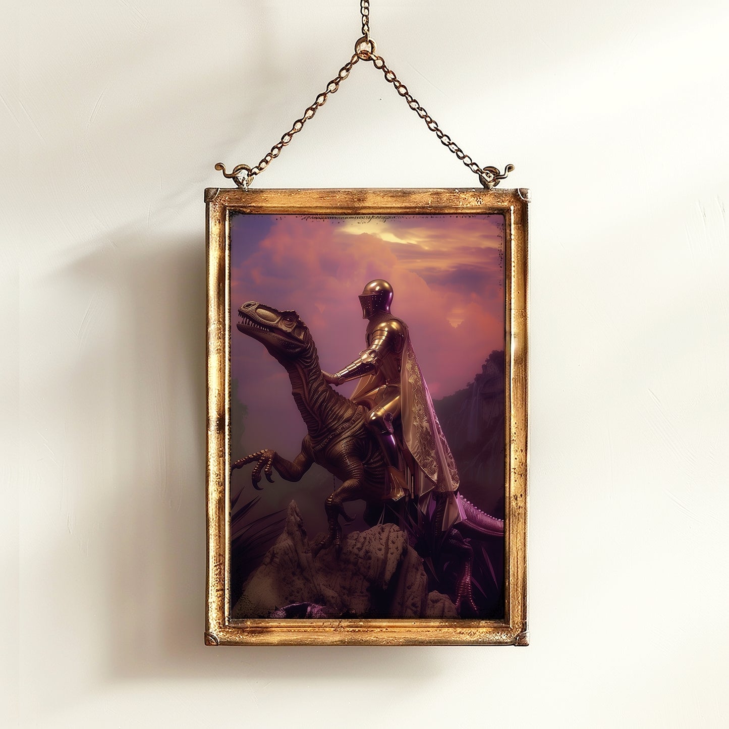 Knight On A dinosaur, Vintage photography, Art Poster Print, Gothic Poster, Jurassic Medieval Knight Art , Dark Academia Castle Core Decor