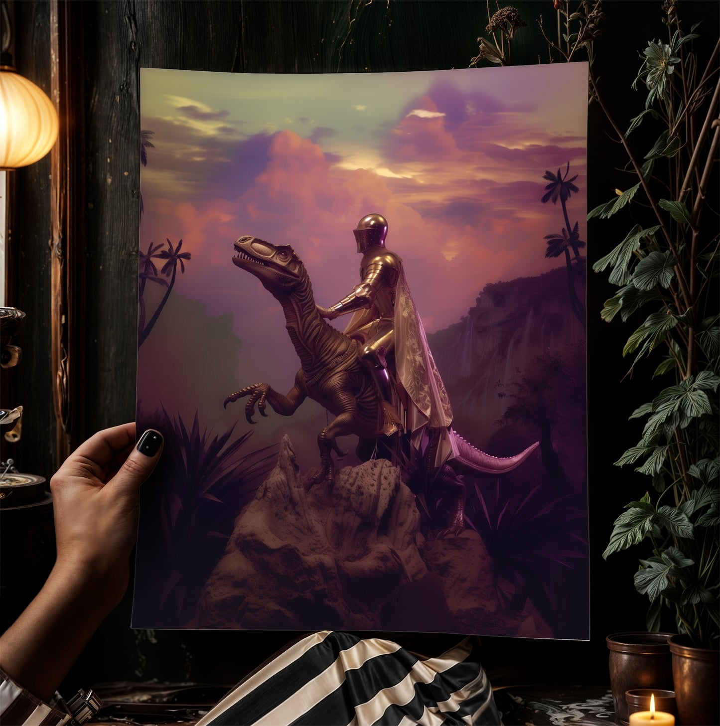 Knight On A dinosaur, Vintage photography, Art Poster Print, Gothic Poster, Jurassic Medieval Knight Art , Dark Academia Castle Core Decor