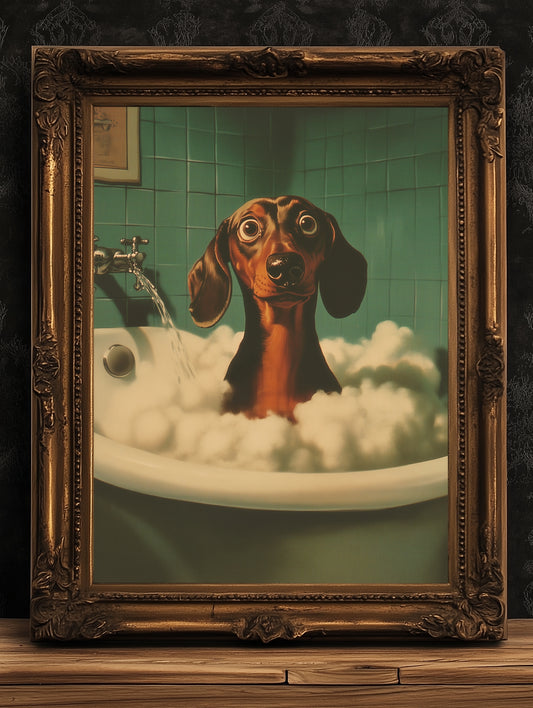 Funny Dachshund Poster, Sausage Dog in Bubble Bath, Whimsical Bathroom Print, Dopamine Decor Wall Art, Dog Lovers and Groomers Gift