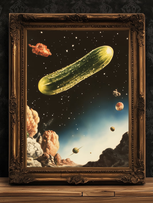 Quirky Pickle Poster, Cosmic Cucumber in Outer Space, Funny Food Wall Art, Funky Dopamine Decor, Pantry Kitchen Decor