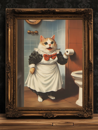 Cat Bathroom Poster, Maid Cat Holding Toilet Paper, Funny Bathroom Print, Quirky Wall Art, Cat Lovers Whimsical Gift, Weird Home Decor
