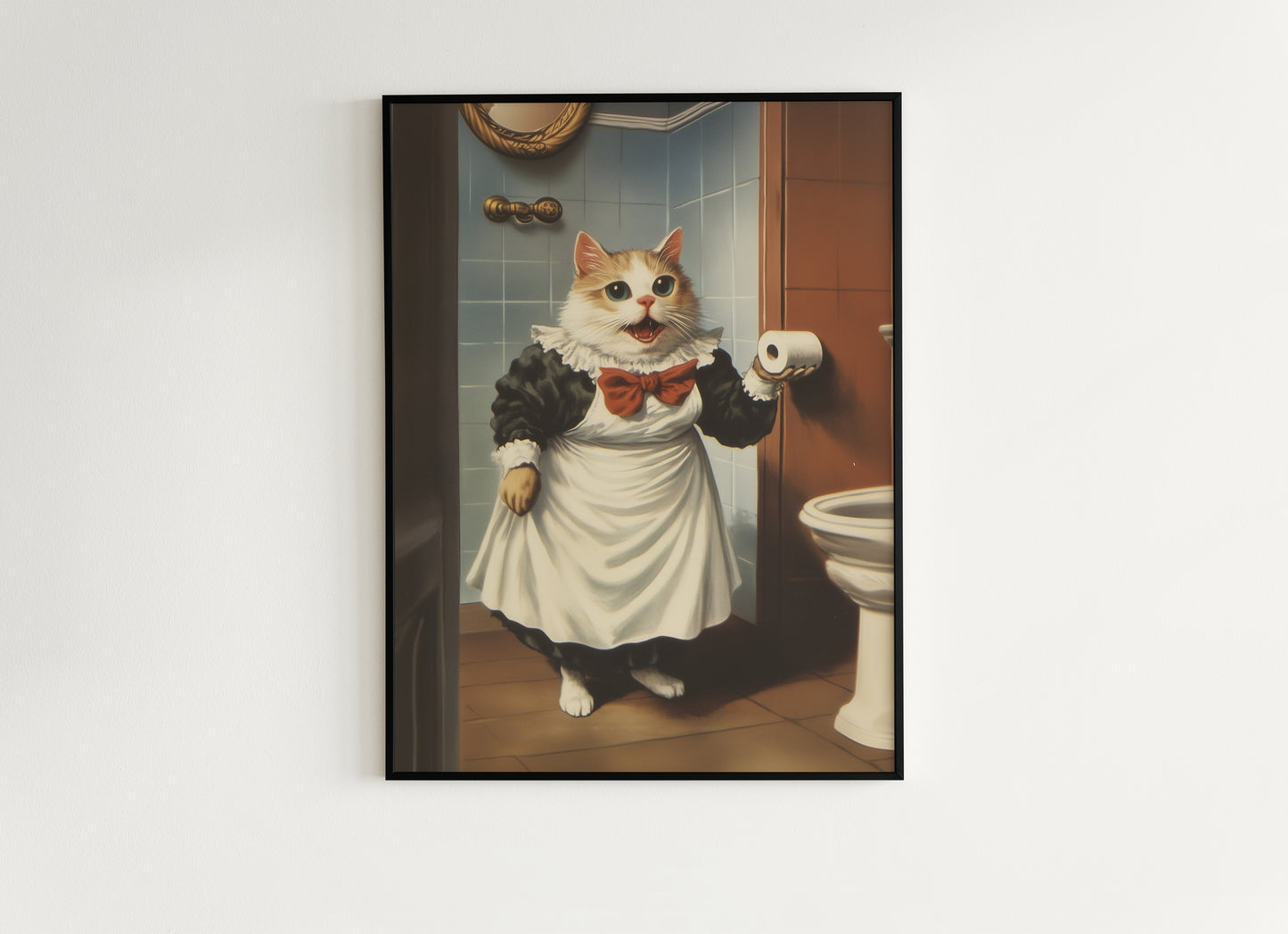 Cat Bathroom Poster, Maid Cat Holding Toilet Paper, Funny Bathroom Print, Quirky Wall Art, Cat Lovers Whimsical Gift, Weird Home Decor