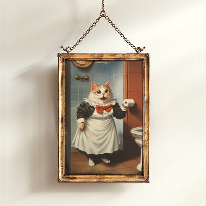 Cat Bathroom Poster, Maid Cat Holding Toilet Paper, Funny Bathroom Print, Quirky Wall Art, Cat Lovers Whimsical Gift, Weird Home Decor