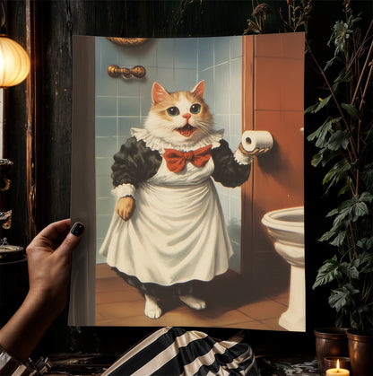 Cat Bathroom Poster, Maid Cat Holding Toilet Paper, Funny Bathroom Print, Quirky Wall Art, Cat Lovers Whimsical Gift, Weird Home Decor