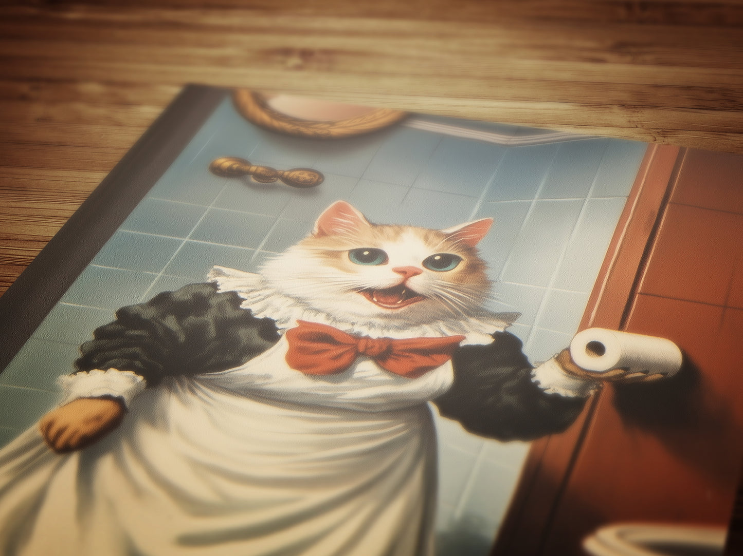 Cat Bathroom Poster, Maid Cat Holding Toilet Paper, Funny Bathroom Print, Quirky Wall Art, Cat Lovers Whimsical Gift, Weird Home Decor
